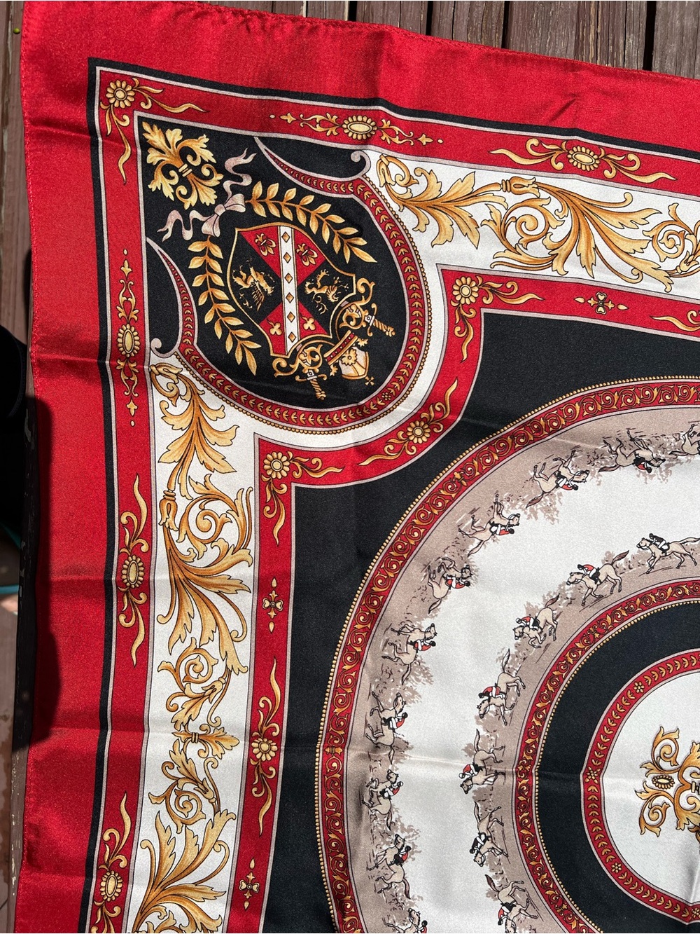 Talbots 100% Silk Equestrian Crest Scarf Red Black Gold 31” Square - Picture 11 of 12